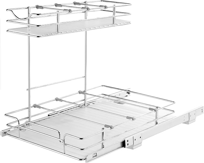 VEVOR 2 Tier Pull Out Cabinet Organizer, 12"W x 17"D Slide Out Pantry Shelves, Sliding Drawer Storage, Chrome-Plated Steel Heavy Duty Roll-out Drawers, for Inside Kitchen Cabinet, Bathroom, Under Sink