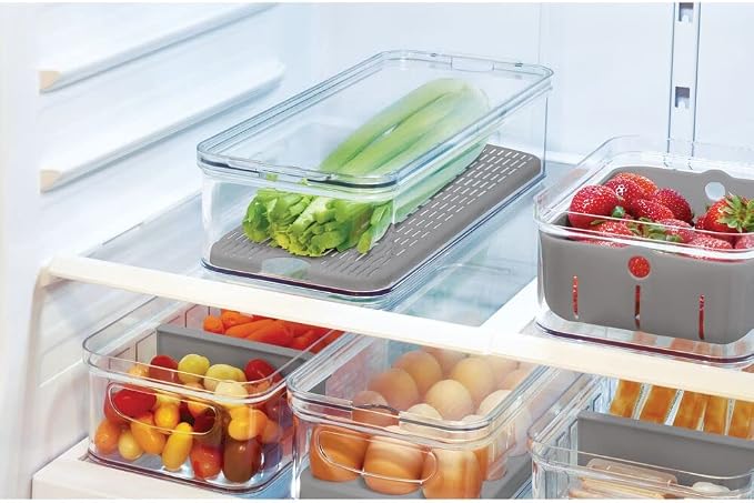 iDesign Crisp Produce Plastic Refrigerator and Modular Stacking Pantry Bin with Lid and Removable Inner Basket, Perfect for Washing Vegetables, Fruit, Lettuce, BPA Free 15.72" x 6.32" x 3.76"