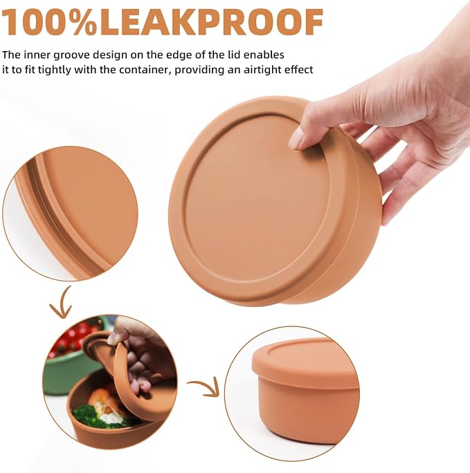 24 fl oz Silicone Food Storage Container with Lid Round Portable Airtight Leakproof Salad Bowl Reusable Meal Prep Container for Soup Stew Leftovers Microwave Fridge Dishwasher Safe BPA Free (Brown)