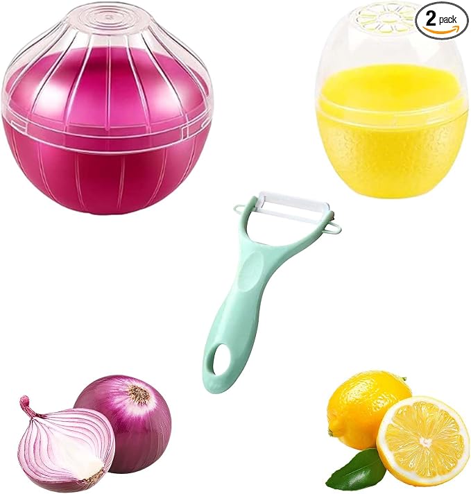 2PCS Lemon and Onion Storage Containers with Peeler, Freshness Keepers for Lemon and Onion, Ideal for Fridge Vegetable Crisper, Keeps Food Fresh Longer