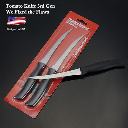 Tomato Knife 3rd Gen 2-Pack, Serrated Stainless Steel Blade, Ergonomic Handle, Precise Cuts for Tomatoes/Fruits/Veggies (Black)