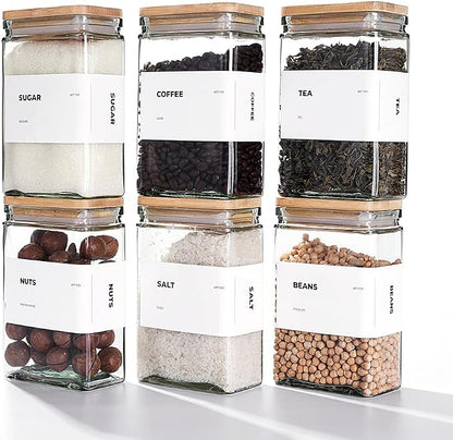 APT 1101 Glass Storage Jars with Bamboo Lid, glass canisters with airtight lids, Clear jars with lids for Spice, Cookie, Candy, Tea, Coffee Bean and Rice (White, 26 oz, Set of 6)
