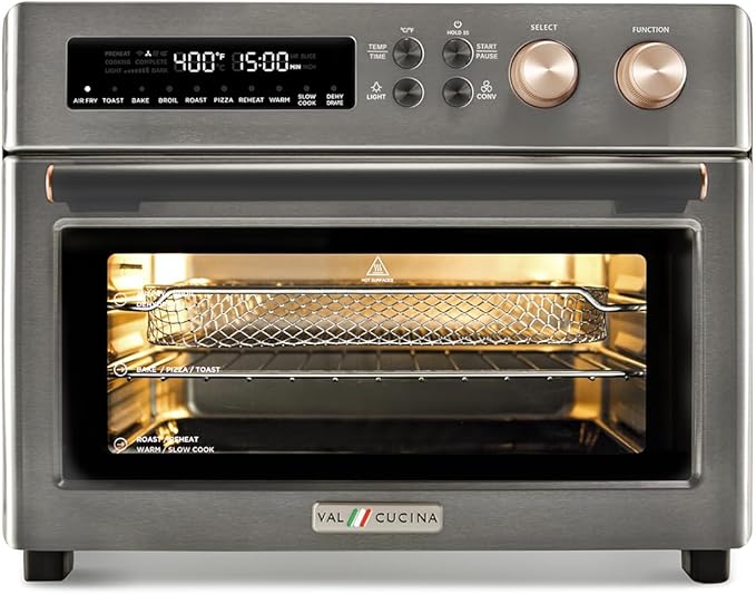 VAL CUCINA Infrared Heating 26.3 QT Air Fryer Toaster Oven, Large Countertop Convection Oven 10-in-1 Combo, 6-Slice Toast, Enamel Baking Pan Easy Clean with Recipe Book, Black Matte Stainless Steel