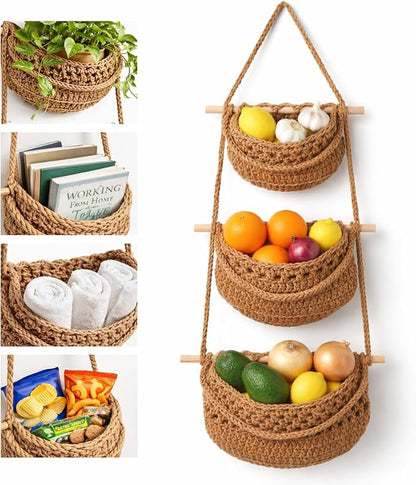 3 Tier Hanging Fruit Basket for Kitchen, Wall Mounted Cotton Rope Produce Storage Organizer, Boho Farmhouse Decor, Space Saver for Small Kitchens, Pantry, Bathroom, RV, Plant & Vegetable Storage