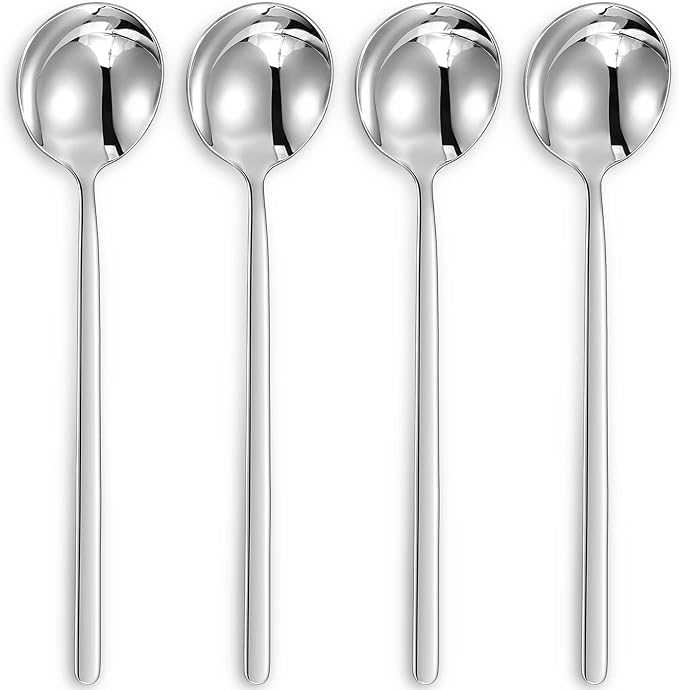 KEAWELL Premium Korean Soup Spoons with Long Handles, Set of 4, 18/10 Stainless Steel, Dishwasher Safe (Plain)