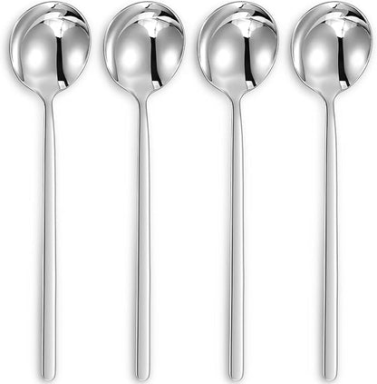 KEAWELL Premium Korean Soup Spoons with Long Handles, Set of 4, 18/10 Stainless Steel, Dishwasher Safe (Plain)