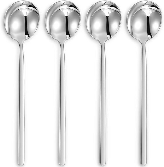 KEAWELL Premium Korean Soup Spoons with Long Handles, Set of 4, 18/10 Stainless Steel, Dishwasher Safe (Plain)