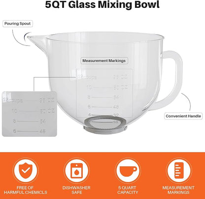 Glass Bowl Compatible with KitchenAid 4.5 & 5-Quart Tilt-Head Stand Mixers – Includes Lid, Measurement Markings & Spout Cover – Dishwasher, Microwave & Freezer Safe
