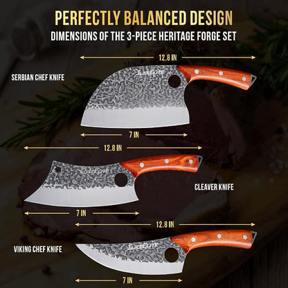 SliceElite Hand-Forged Professional Butcher Knife (3 PC BBQ KNIFE SET W/LANIARD HOLES)