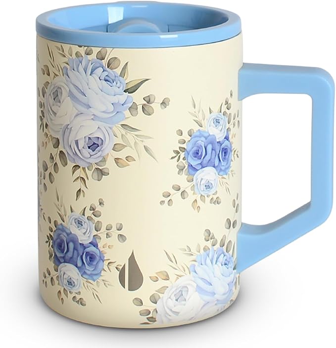 Elemental Insulated Coffee Mug - Triple-Wall Stainless Steel Summit Travel Cup for Hot and Cold Drinks - Thermal Coffee Mug with Lid and Handle for Camping, Office & Travel 16oz - Blue Blooms