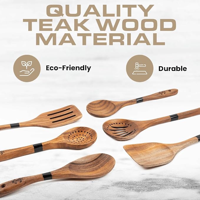 Armandine Premium Teak Wooden Spoons for Cooking 11-Piece - Non-Stick & Non-Scratch Wooden Cooking Premium Utensils Set - Heat Resistant Kitchen Utensils Set