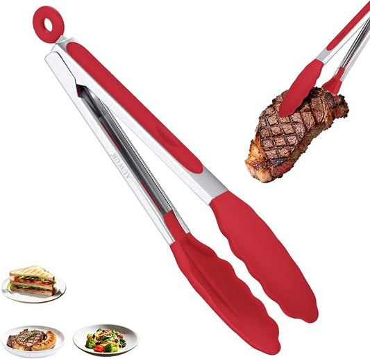 Silicone Salad Tongs, 9 Inch, Orange | 304 Stainless Steel Core, Non-Slip Grip, For Grilling Salad