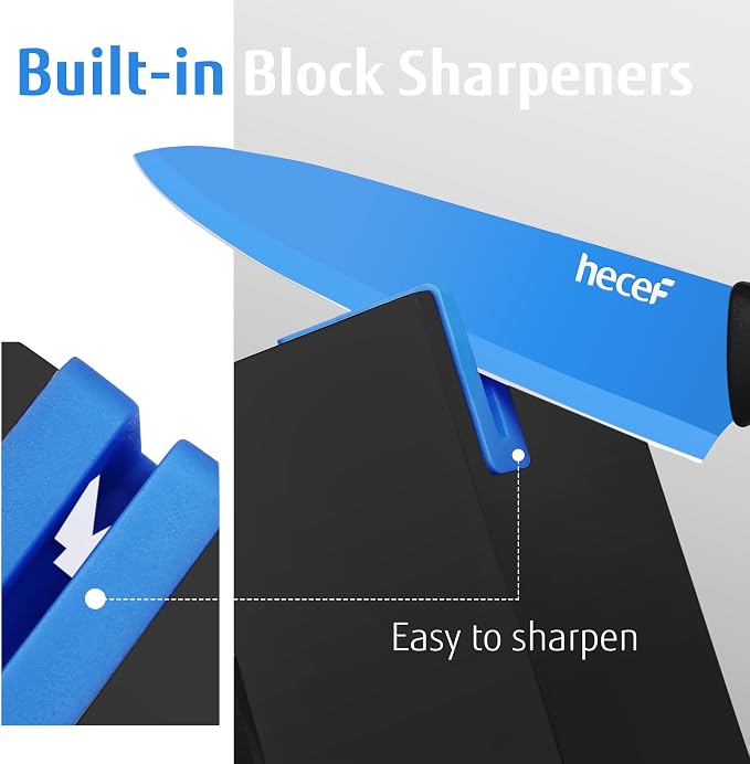 hecef 14 Pieces Kitchen Knife Set with Built-in Sharpening Wooden Block, Dishwasher Safe, High Carbon Stainless Steel Knife Block Set with Steak Knives, Kitchen Scissors (Blue)
