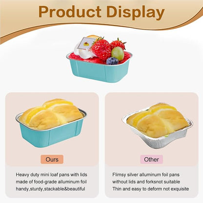 Mini Cake Pans With Lids And Spoons,5.5 oz Rectangle Mini individual Loaf Pans Disposable Aluminum Foil Small Baking Cups Tins (100, Wathet)