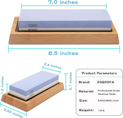 Whetstone Knife Sharpening Stone Kit - Double Sided Whetstone Knife Sharpener 1000/6000 Grit, Professional Honing Sharpening Stone Set With Slip-Resistant Bamboo Base and Angle Guide