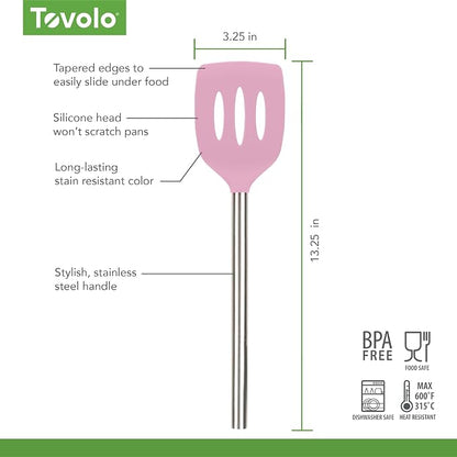 Tovolo Slotted Silicone Spatula Turner Slotted Stainless Steel Handle 10" Pink Sorbet Heat Resistant Non Toxic BPA Free Kitchen Utensil, Silicone Egg Pancake Flipper Metal Handle Turner for Cooking