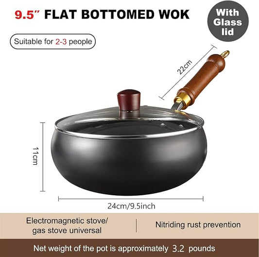Carbon Steel Wok Pan, 9.4 INCH Nonstick Pre-Seasoned Woks & Stir-Fry Pans with Lid, No Chemical Coating Wok Flat Bottom Small Handmade Chinese Wok for Induction, Gas, Electric & All Stoves