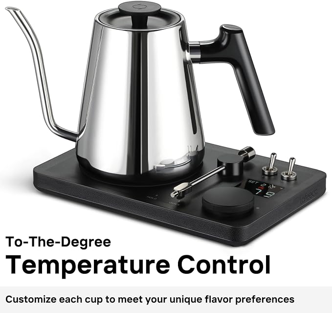 Lafeeca DJ Electric Gooseneck Kettle for Pour Over Coffee & Tea - Water Boiler - Turntable Design - Quick Heating & Temperature Control - Stainless Steel