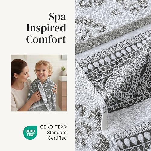 Modern Threads 6 Piece Bath Towel Set – Bathroom Set with 2 Bath Towels, 2 Hand Towels, and 2 Wash Cloths – 100% Cotton, Super Absorbent & Extra Soft – Reversible Floral Trail (Gray)