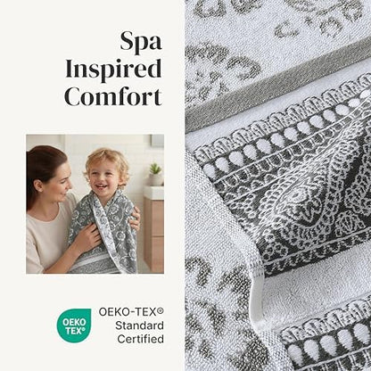 Modern Threads 6 Piece Bath Towel Set – Bathroom Set with 2 Bath Towels, 2 Hand Towels, and 2 Wash Cloths – 100% Cotton, Super Absorbent & Extra Soft – Reversible Floral Trail (Gray)