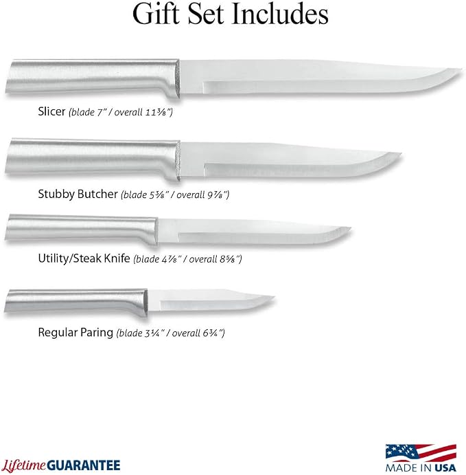Rada Cutlery Wedding Register Gift Set (S04), 4-Piece Knife Set with Quick Edge Sharpener (R119), Silver Handle