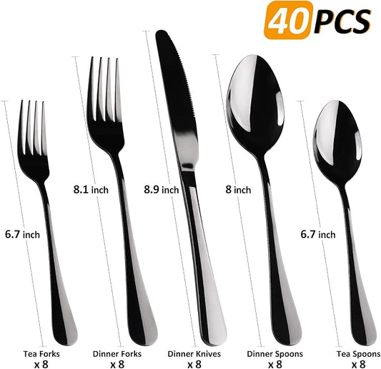 Black Flatware Set for 8,40-Piece Silverware Set for 8, SANLUNS Utensil Sets Tableware Cutlery, Mirror Polished, Dishwasher Safe