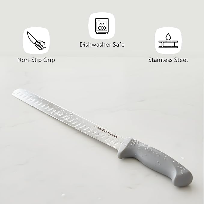 Restaurantware 12 Inch Slicing Knife Stainless Steel Ergonomic Handle Non-Slip Grip Durable Kitchen Knife, Dishwasher-Friendly for Home Cooking and Commercial Use, Gray