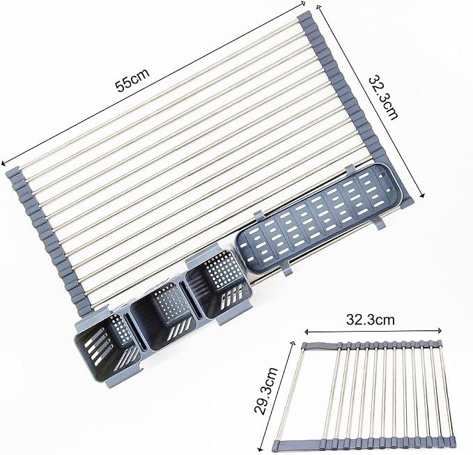 Gabrielline Expandable Roll Up Dish Drying Rack for Kitchen Sink, 21.6” x 12.7” Stainless Steel Over Sink Drying Mat with Utensil Holder & Drip Tray, Space Saving Heavy Duty Kitchen Rack Set