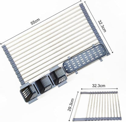 Gabrielline Expandable Roll Up Dish Drying Rack for Kitchen Sink, 21.6” x 12.7” Stainless Steel Over Sink Drying Mat with Utensil Holder & Drip Tray, Space Saving Heavy Duty Kitchen Rack Set