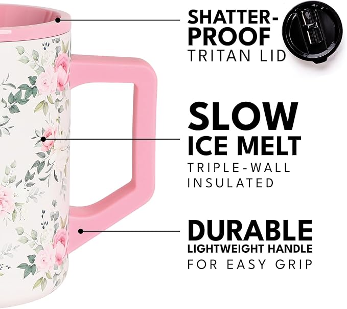 Elemental Insulated Coffee Mug - Triple-Wall Stainless Steel Summit Travel Cup for Hot and Cold Drinks - Thermal Coffee Mug with Lid and Handle for Camping, Office & Travel 16oz - Rose Garden