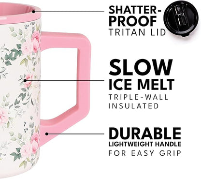 Elemental Insulated Coffee Mug - Triple-Wall Stainless Steel Summit Travel Cup for Hot and Cold Drinks - Thermal Coffee Mug with Lid and Handle for Camping, Office & Travel 16oz - Rose Garden
