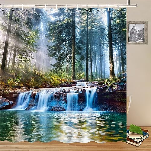 Waterfalls Shower Curtains Outdoor Natural Scenery Forest Sunshine Tree Plant Landscape Courtyard Bathroom Decor Polyester Fabric Curtain Set 60 x 70 Inch with Hooks