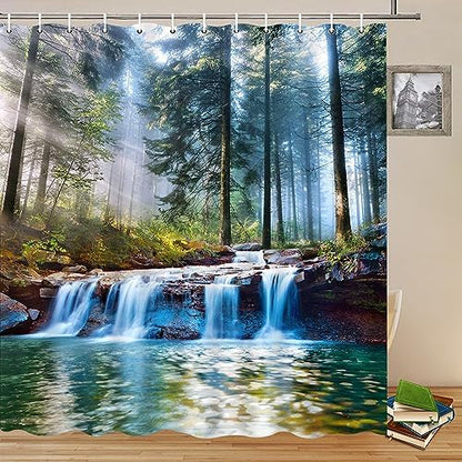 Waterfalls Shower Curtains Outdoor Natural Scenery Forest Sunshine Tree Plant Landscape Courtyard Bathroom Decor Polyester Fabric Curtain Set 70 x 84 Inch with Hooks