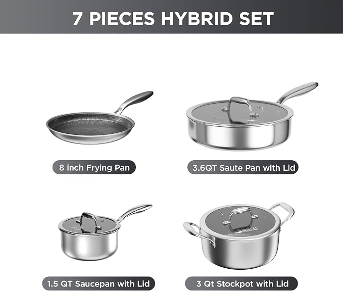 COOKER KING 7 PCS Stainless Steel Cookware Set, Pots and Pans Set Non Stick, Hybrid Cookware,Non-Stick Frying Pan, Saucepan, Saute Pan & Stockpot, Non-Toxic, Oven Safe, Induction Compatible