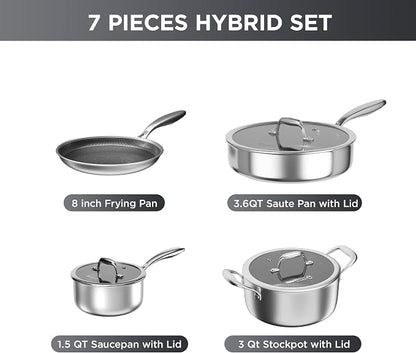 COOKER KING 7 PCS Stainless Steel Cookware Set, Pots and Pans Set Non Stick, Hybrid Cookware,Non-Stick Frying Pan, Saucepan, Saute Pan & Stockpot, Non-Toxic, Oven Safe, Induction Compatible