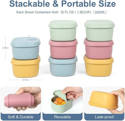 8 pcs 10 oz Silicone Snack Containers for Kids Small Food Containers with Lids, Fruit Container for Lunch, Stackable Lunch Container for Kids, Daycare, School and Travel