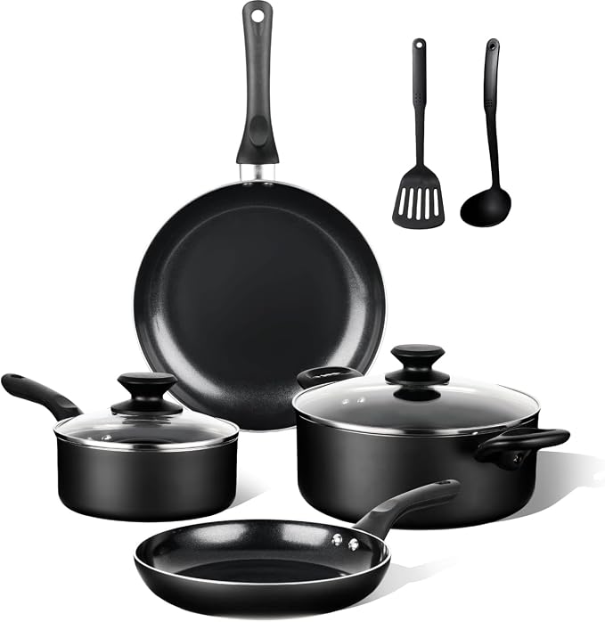BECIGAR 8 Pcs Ceramic Pots and Pans Set, Cooking Pan Set, Nonstick Cookware Set, Induction Safe Kitchen Cooking Set with Frying Pans, Saucepans, shovel and Ladle, Blcak
