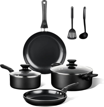 BECIGAR 8 Pcs Ceramic Pots and Pans Set, Cooking Pan Set, Nonstick Cookware Set, Induction Safe Kitchen Cooking Set with Frying Pans, Saucepans, shovel and Ladle, Blcak
