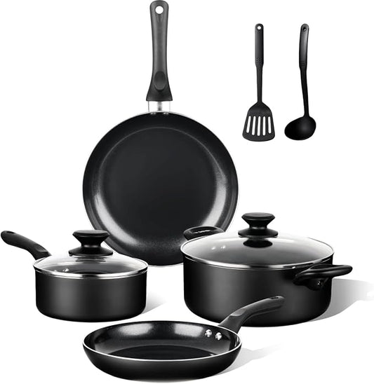 BECIGAR 8 Pcs Ceramic Pots and Pans Set, Cooking Pan Set, Nonstick Cookware Set, Induction Safe Kitchen Cooking Set with Frying Pans, Saucepans, shovel and Ladle, Blcak