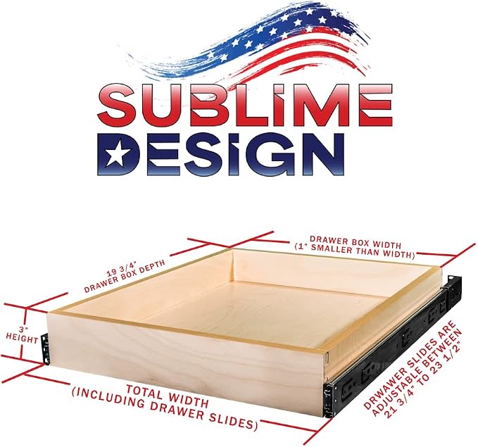Sublime Design - Standard Size - Pull Out Kitchen Drawers | Slide Out Shelves for Kitchen Cabinets | Pull Out Home Organizer (Bottom Mounting, 23 Inch W/Drawer Slides (22” Drawer Box))
