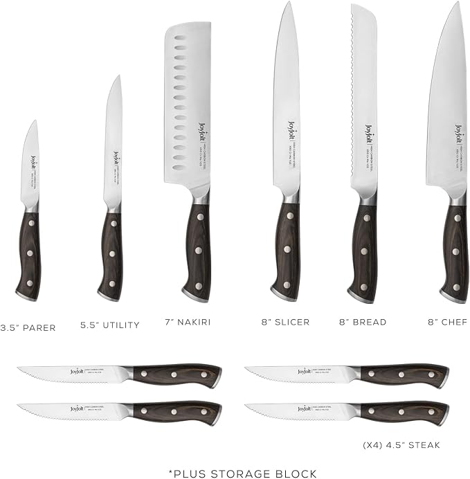 JoyJolt 11pc Kitchen Knife Set with Block. High Carbon, x50 German Steel Knives Set for Kitchen with Chef, Bread, Slicing, Nakiri, Utility, Paring and 4pc Steak Knife Set for Black Kitchen Decor
