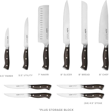 JoyJolt 11pc Kitchen Knife Set with Block. High Carbon, x50 German Steel Knives Set for Kitchen with Chef, Bread, Slicing, Nakiri, Utility, Paring and 4pc Steak Knife Set for Black Kitchen Decor