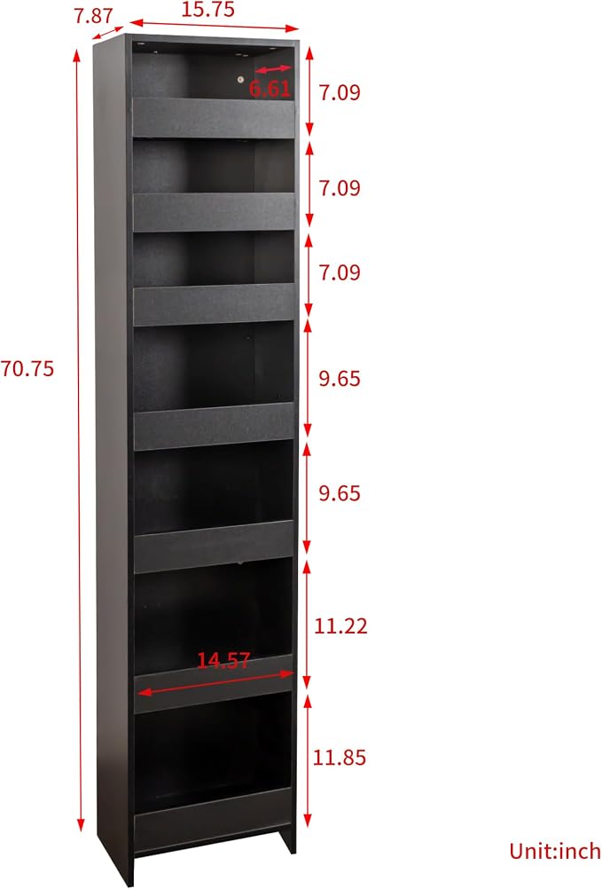 Slim Rolling Storage Cart, 7-Tier Pull-Out Spice Rack with Handle & Wheels, Narrow Kitchen Organizer for Next to Fridge, Pantry, Laundry Room, 7.87 Inch Wide Space Saver (Black, Hidden Wheels)