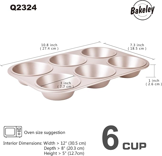 Muffin Cake Pan, 6-Cavity Heavy Duty Carbon Steel Non-Stick Cupcake Pan, Bakeware for Oven Baking Brownies, Cheesecakes (Champagne Gold)