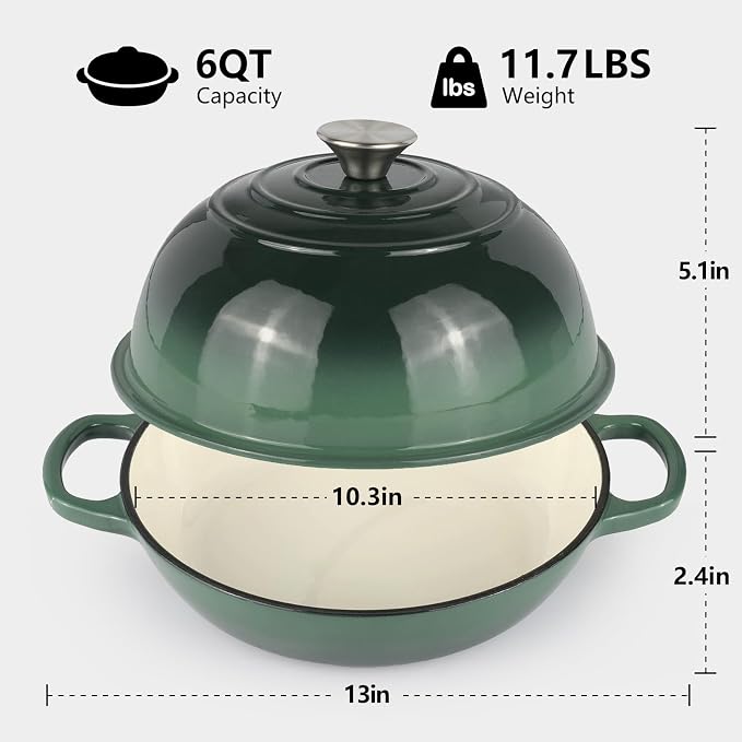 6QT Bread Dutch Oven Pot with Lid, Enameled Cast Iron Dutch Oven for Sourdough Bread Baking, Roasting, Stewing and Soup, Non-Stick Enamel Cookware for Oven/Stovetop, Perfect for Homemade Bread, Green