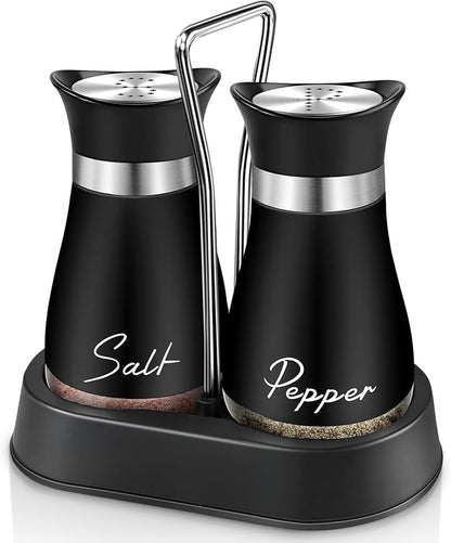Salt and Pepper Shakers, Farmhouse Salt and Pepper Shakers Set with Holder, electroplated Handle, 4 oz Stainless Steel Glass Bottle Dispenser, for Table, RV, Camp, BBQ (Black)