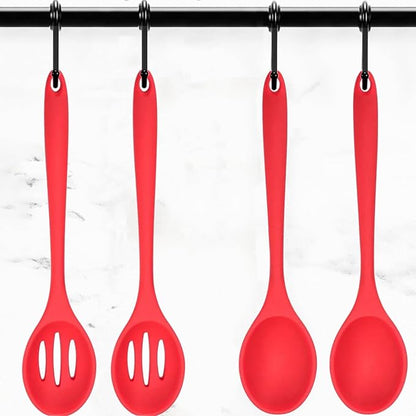 4PCS Kitchen Silicone Cooking Spoon,Nonstick Mixing Serving Spoons Set for Cooking,Slotted and Solid Serving Spoon Heat Resistant,Silicone Mixing Basting Stirring Spoons for Bake Stir Cookware (Red)