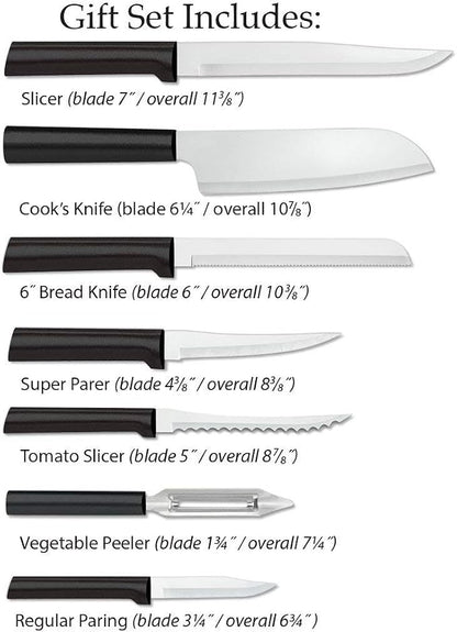 Rada Cutlery The Starter Gift Set (G238), 7-piece Knife Set with Quick Edge Sharpener (R119), Stainless Steel Blades, Black Handle