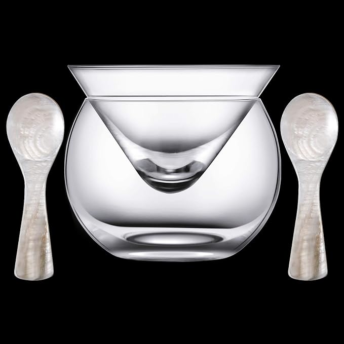 Glass Caviar Serving Set with 2 Pcs Mother of Pearl Spoons 3.2 Inch Caviar Dish Chiller Server Set with Ice Holder for Egg, Ice Cream, Coffee, Restaurant Serving