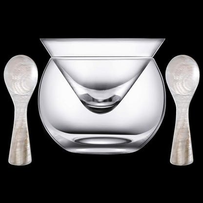 Glass Caviar Serving Set with 2 Pcs Mother of Pearl Spoons 3.2 Inch Caviar Dish Chiller Server Set with Ice Holder for Egg, Ice Cream, Coffee, Restaurant Serving